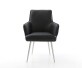 Chaise-de-salle-à-manger Heira-Flex avec accoudoirs cuir de vache noir 4 pieds coniques acier inoxydable brossé ressorts ensachés 1